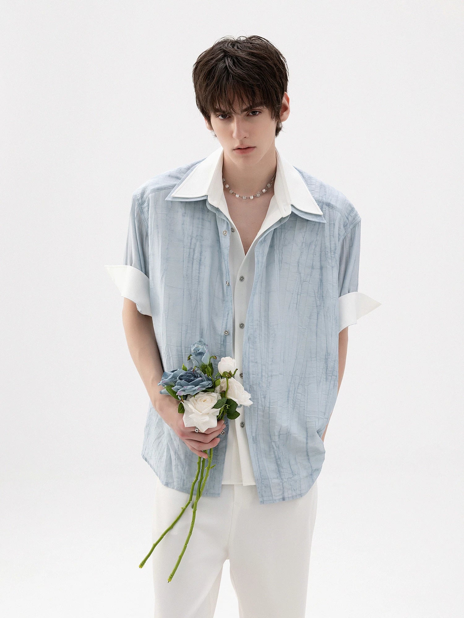 CHOR Fake Two-piece Ink Roll-sleeved Splicing Short-sleeved Shirt