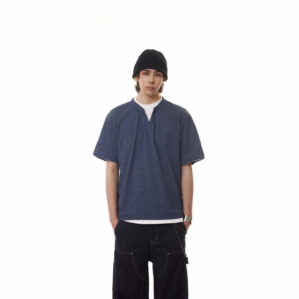 BTSG fake two-piece stacked Henry collar Tee