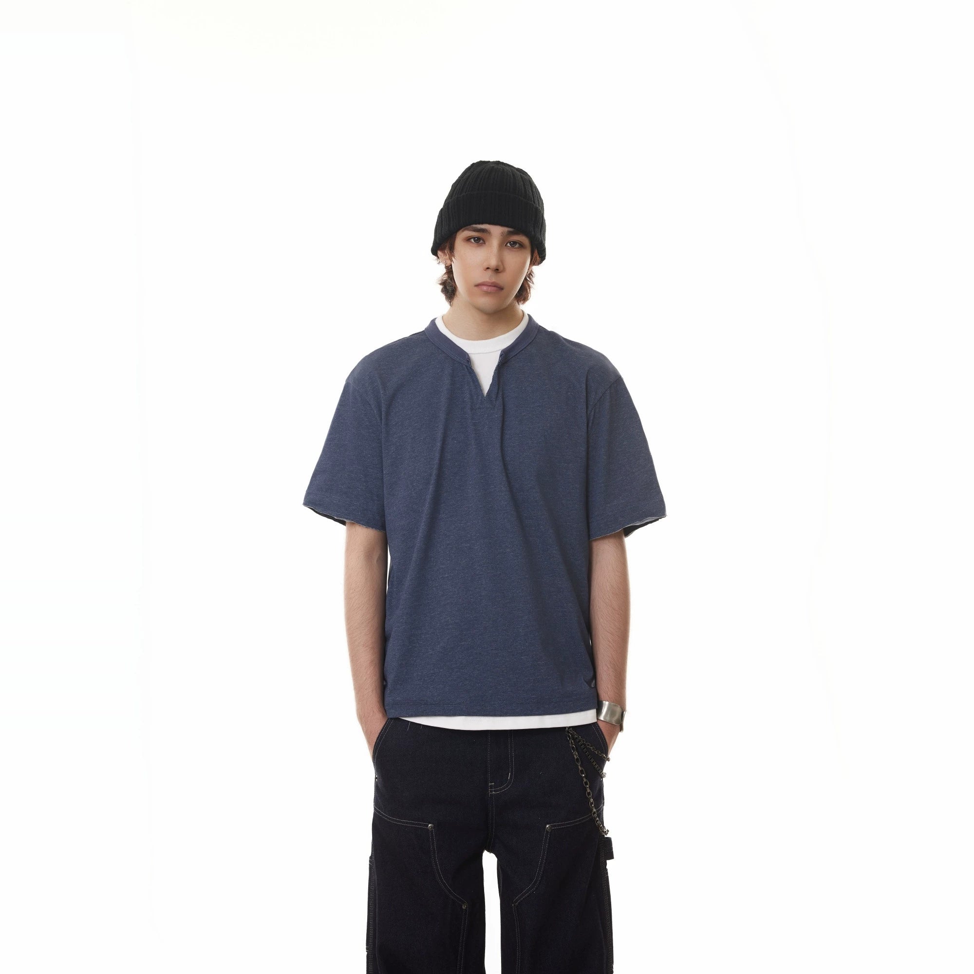 BTSG fake two-piece stacked Henry collar Tee