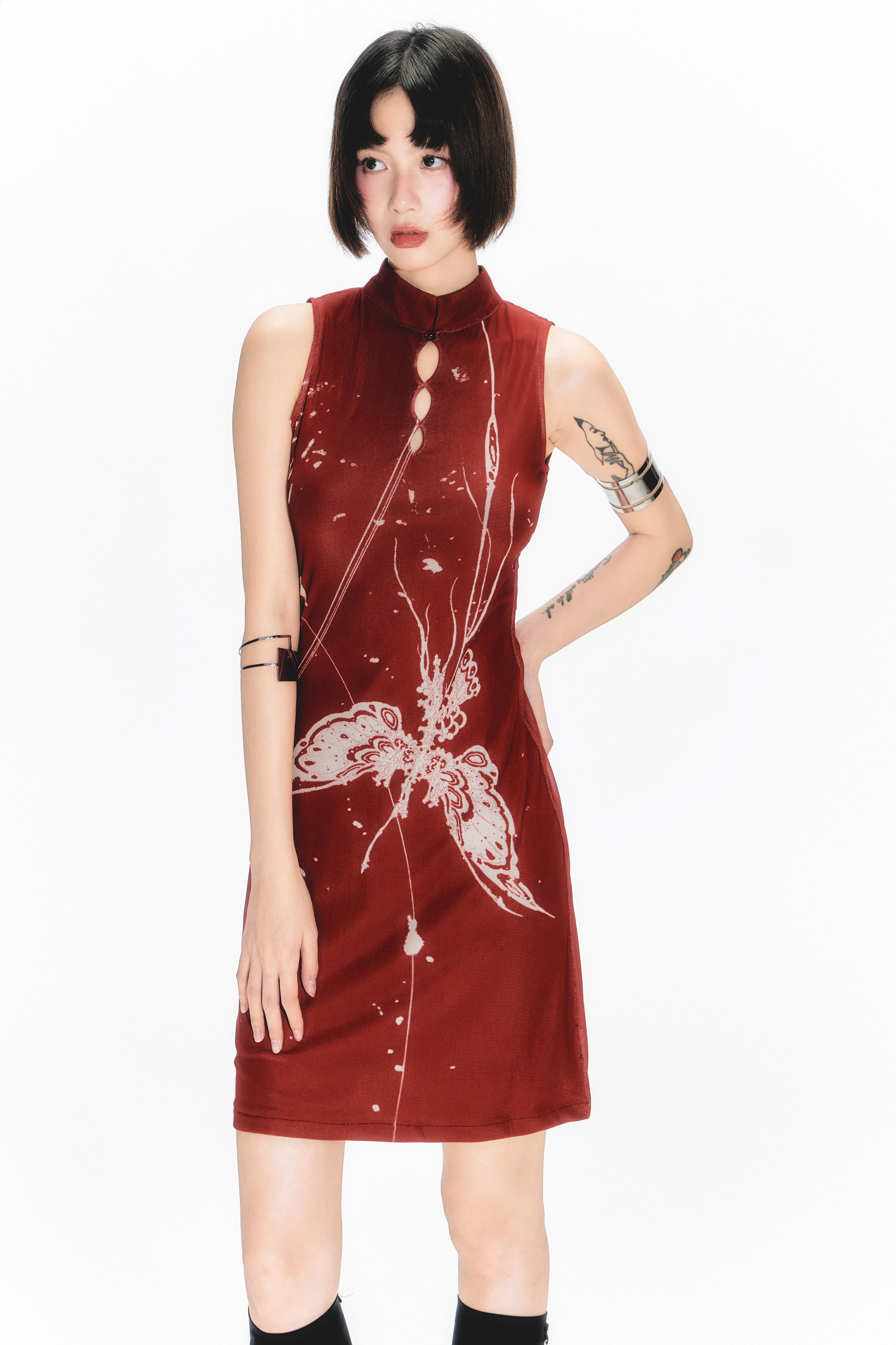 YEDM Butterfly Snake Print Cheongsam Dress