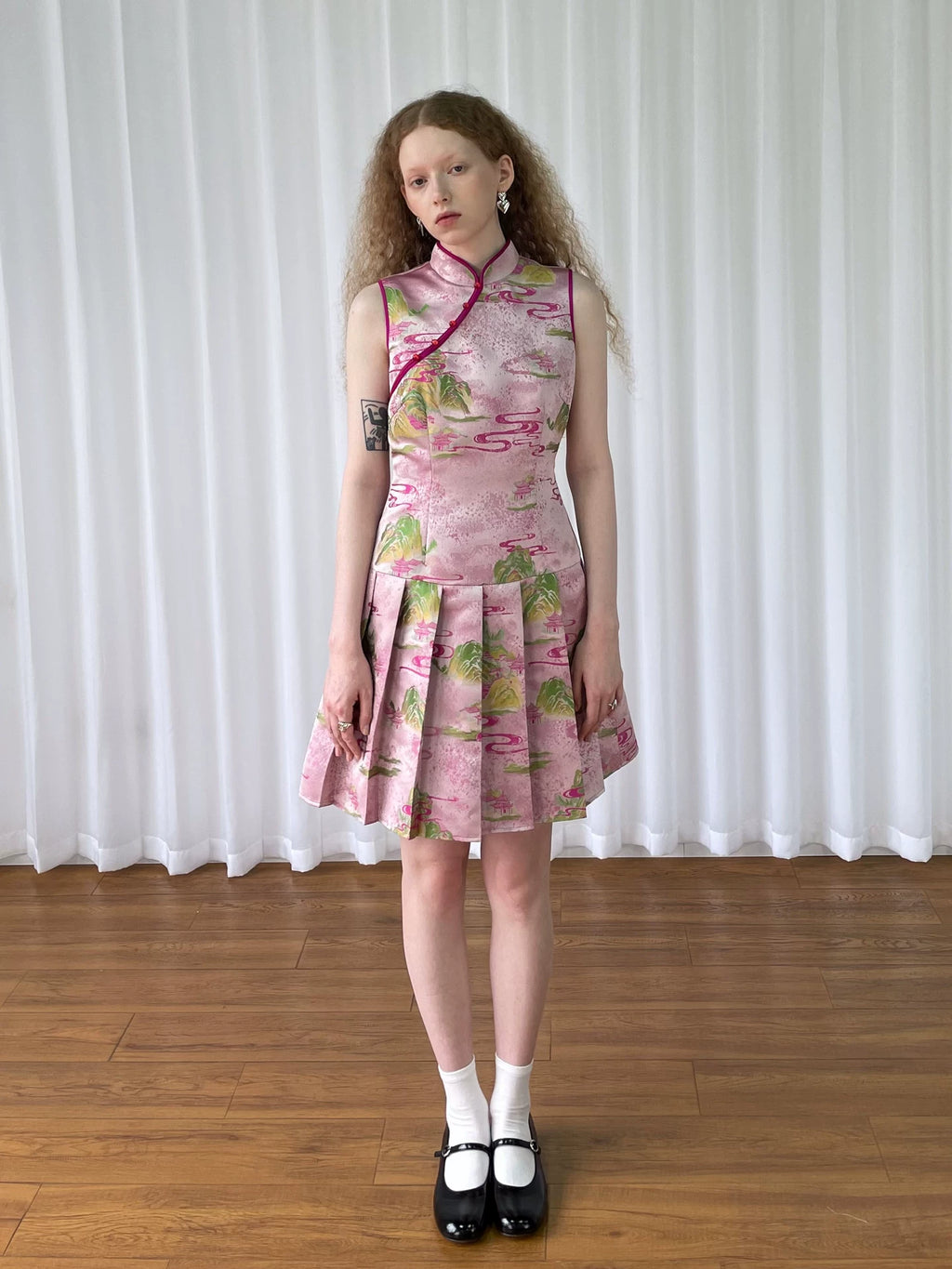 Loosesmell Pleated Thin Jacquard Sleeveless Cheongsam Skirt