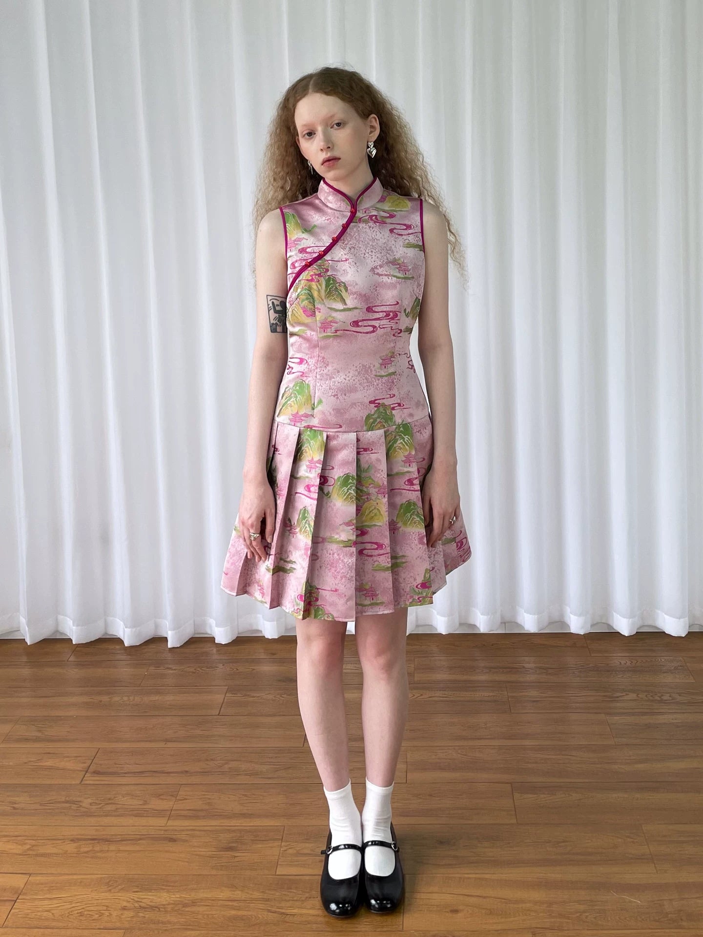 Loosesmell Pleated Thin Jacquard Sleeveless Cheongsam Skirt