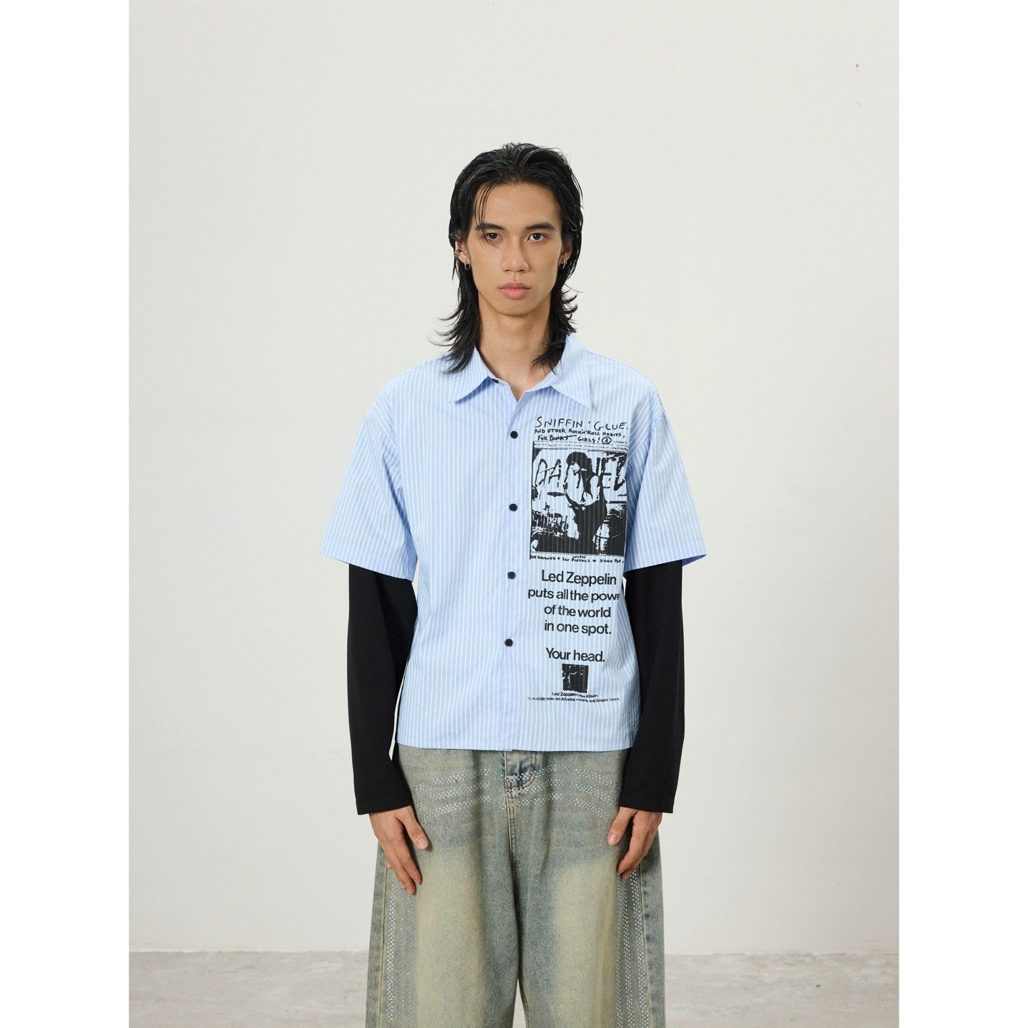 BTSG Vintage Graffiti Fake Two Piece Design Long Sleeve Shirt Jacket