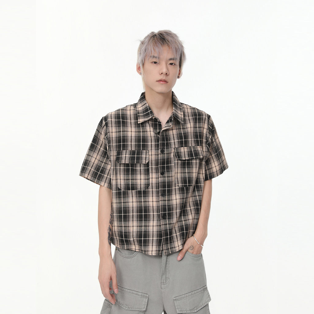 MTLCLOTHES Vintage Lapel Short-sleeved Contrasting Plaid Shirt