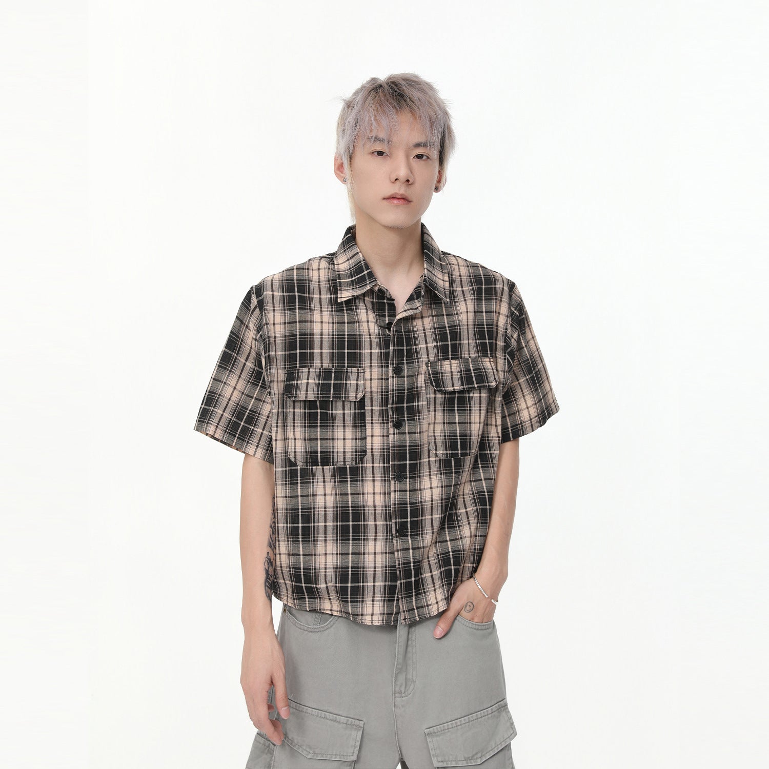 MTLCLOTHES Vintage Lapel Short-sleeved Contrasting Plaid Shirt