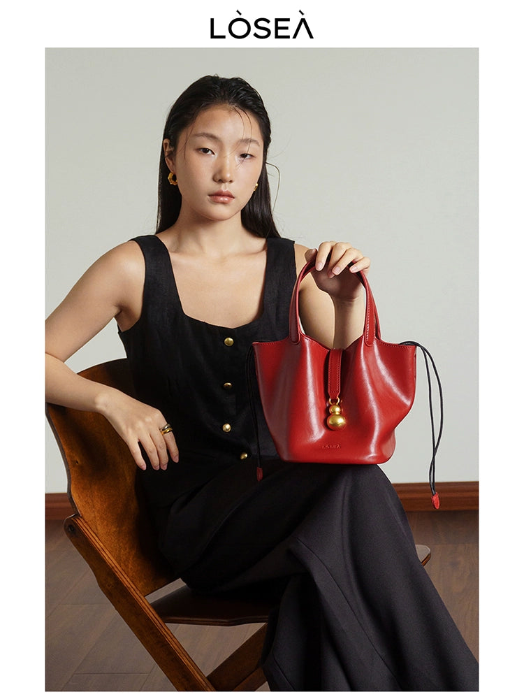 LOSEA Genuine Leather Vegetable Basket Cowhide Gourd Shoulder Bag