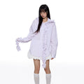 EZEK Striped Pleated Fringed Hooded Long-sleeved Shirt
