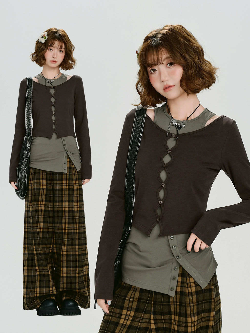 Girlyhalo Vintage Fake Two Piece Slim Skinny Long Sleeve
