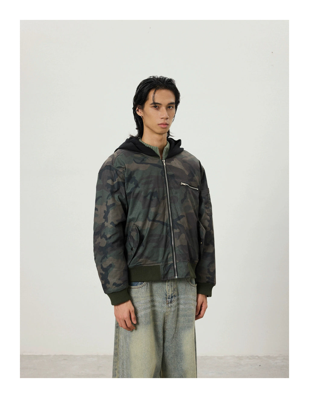 BTSG Double Zipper Fake Two-piece Stitching Camouflage Hooded Cotton Coat