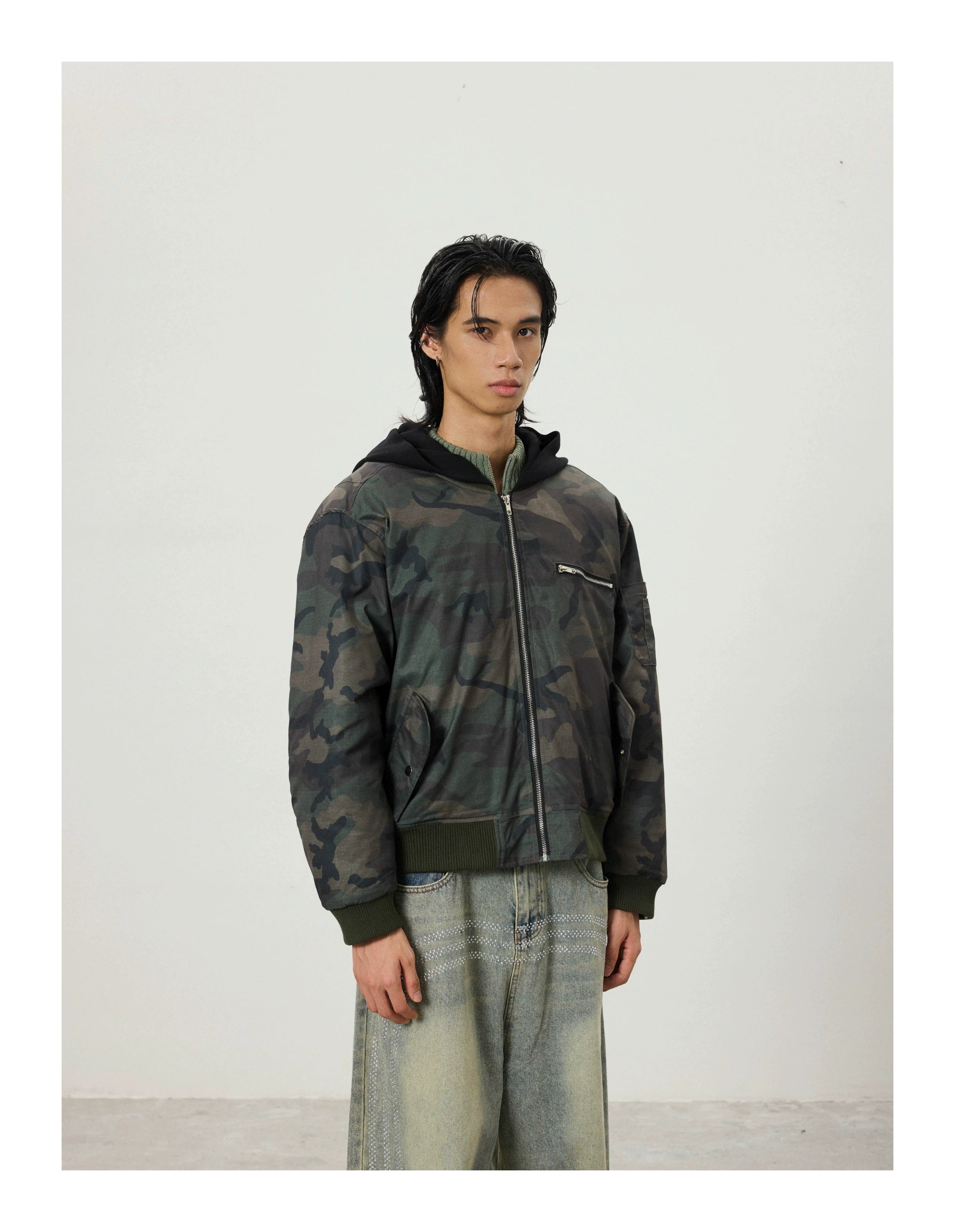 BTSG Double Zipper Fake Two-piece Stitching Camouflage Hooded Cotton Coat