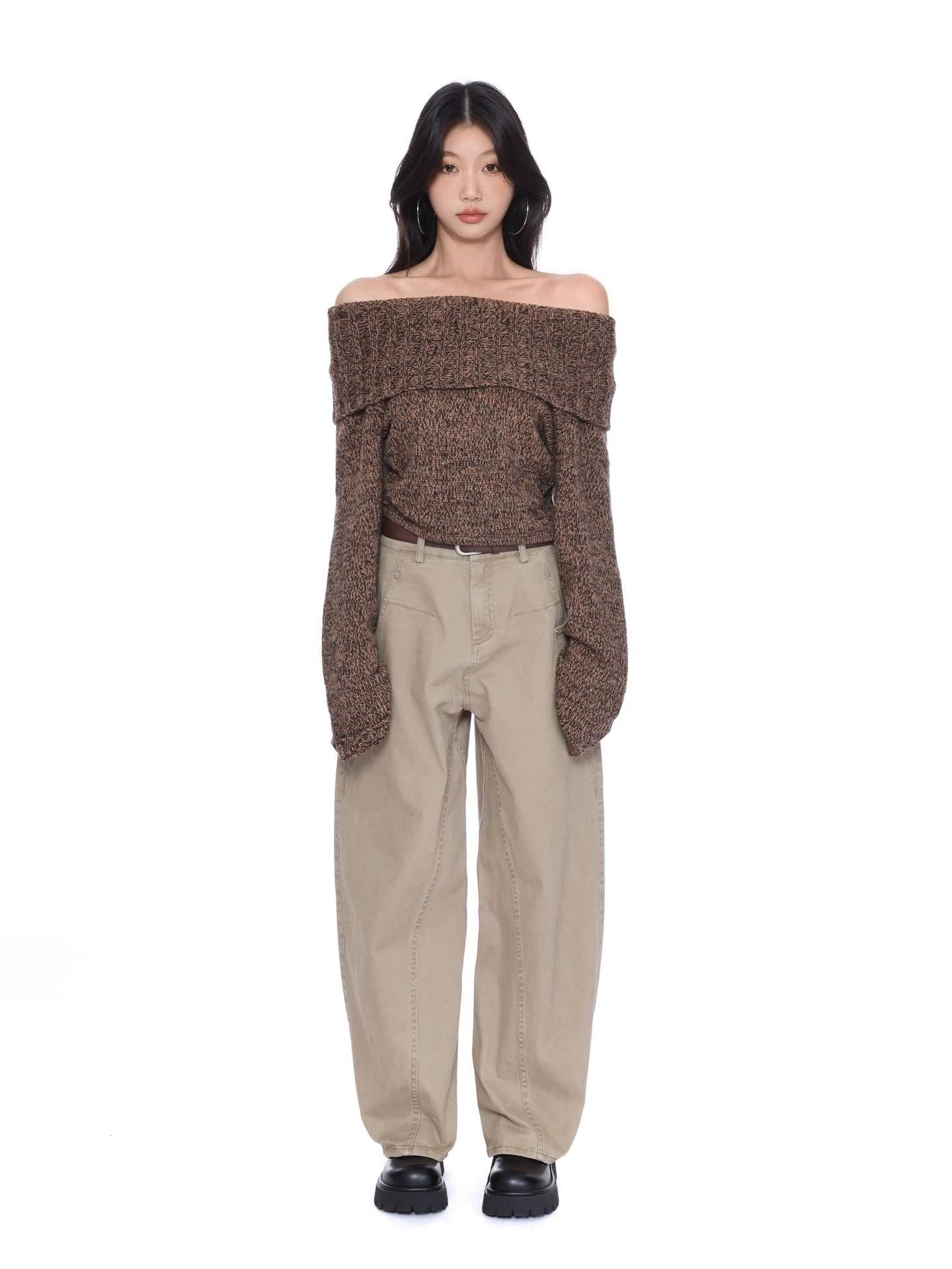 WITHMIN One-word Collar High-end Sense Versatile and Thin Knitted Sweater