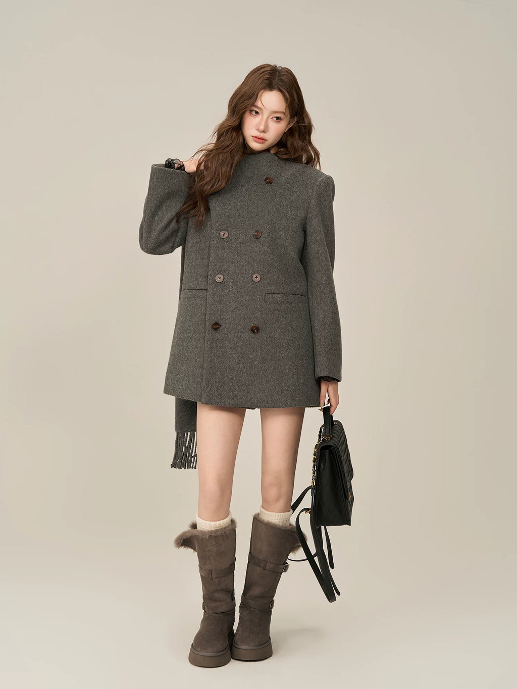 Wildberry Scarf Collar Double-breasted Medium and Long Wool Jacket