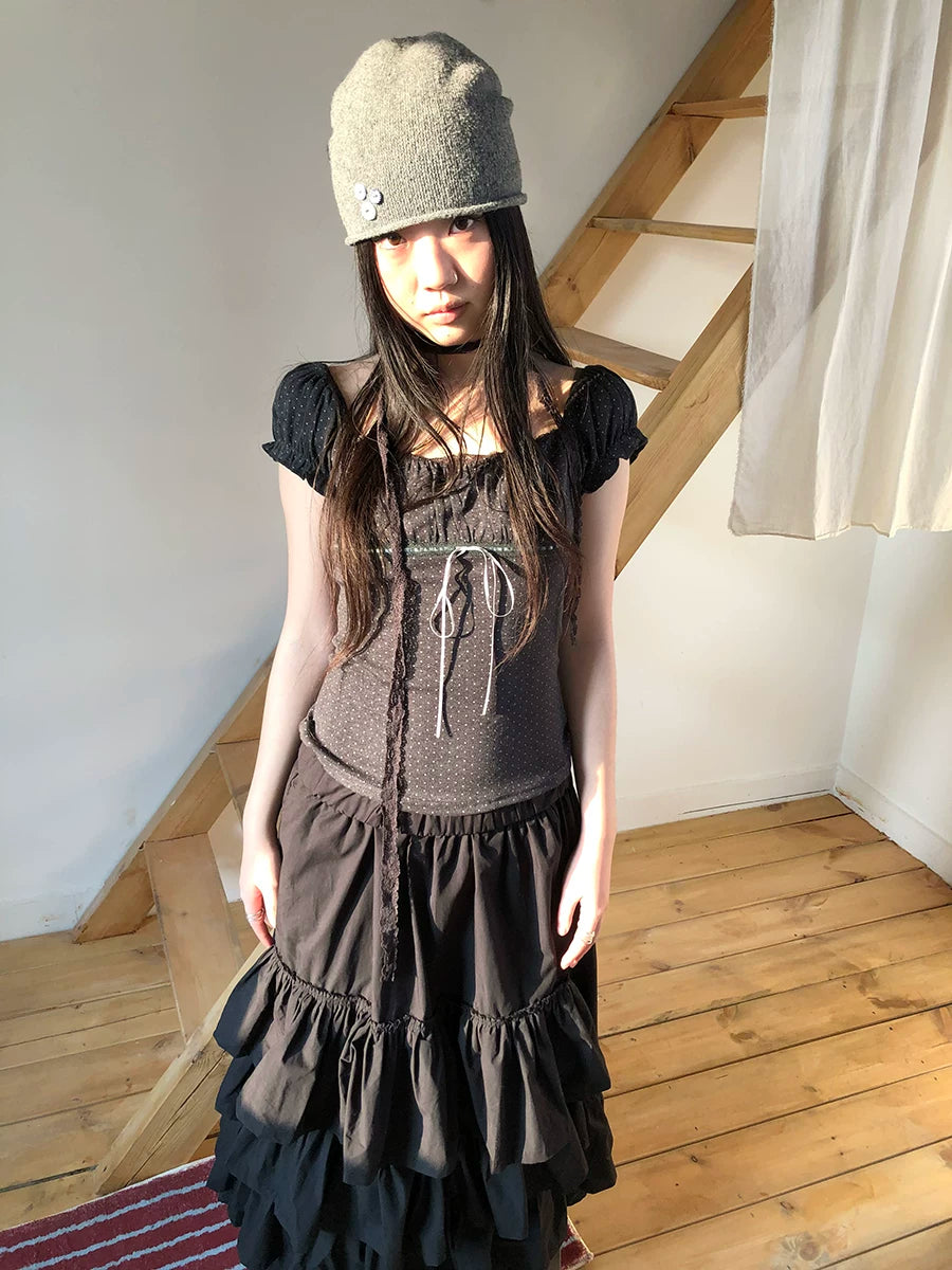 Ang: Project Polka Dot Square Neck Pleated Lace Edge Tee
