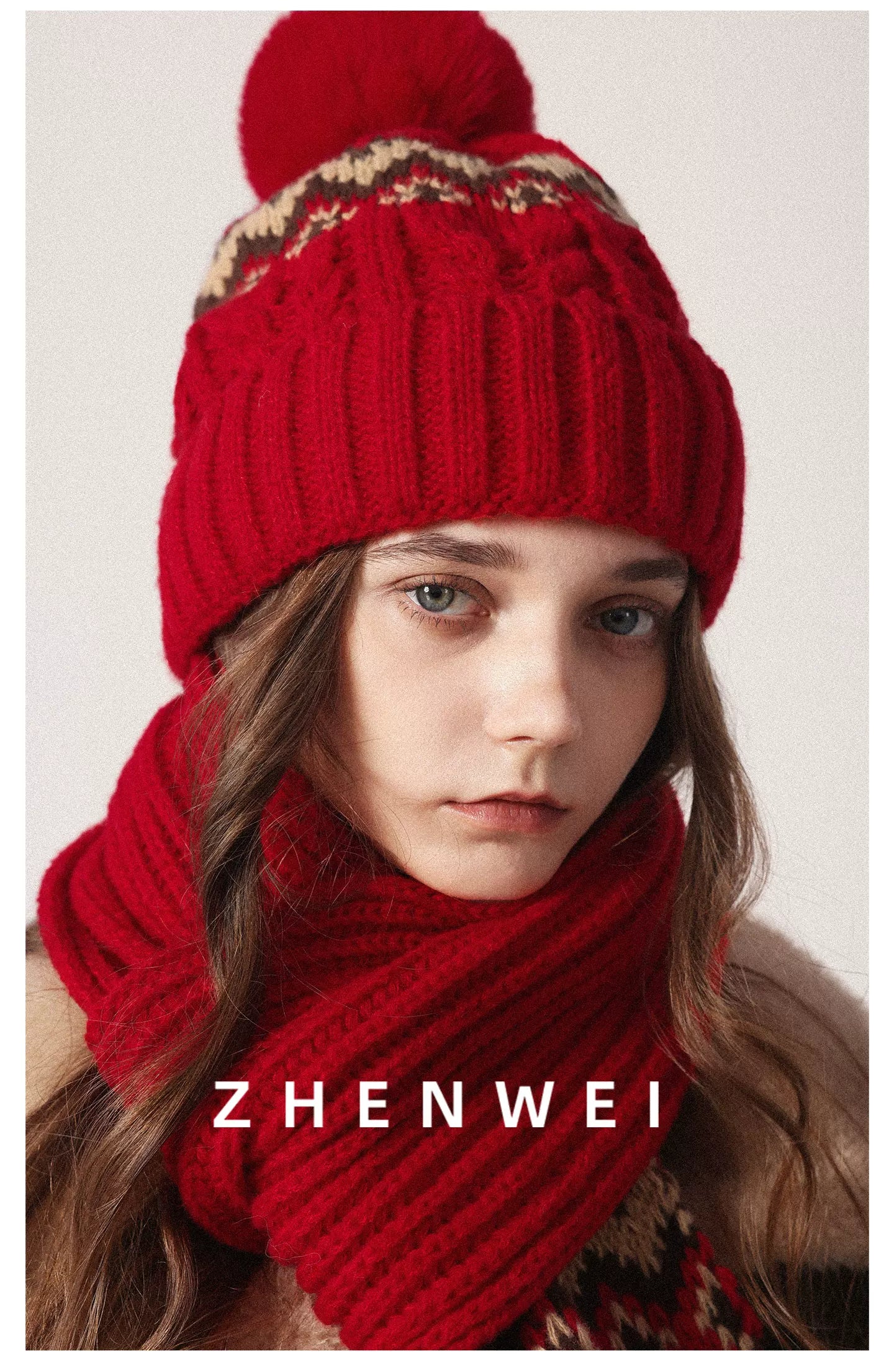 ZHENWEI Knitted Jacquard Thermal Suit Hat Scarf