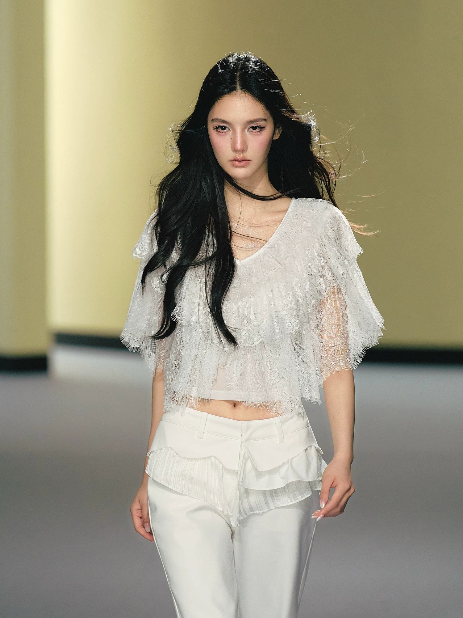 AGAM V-neck Multi-layer Lace Tee