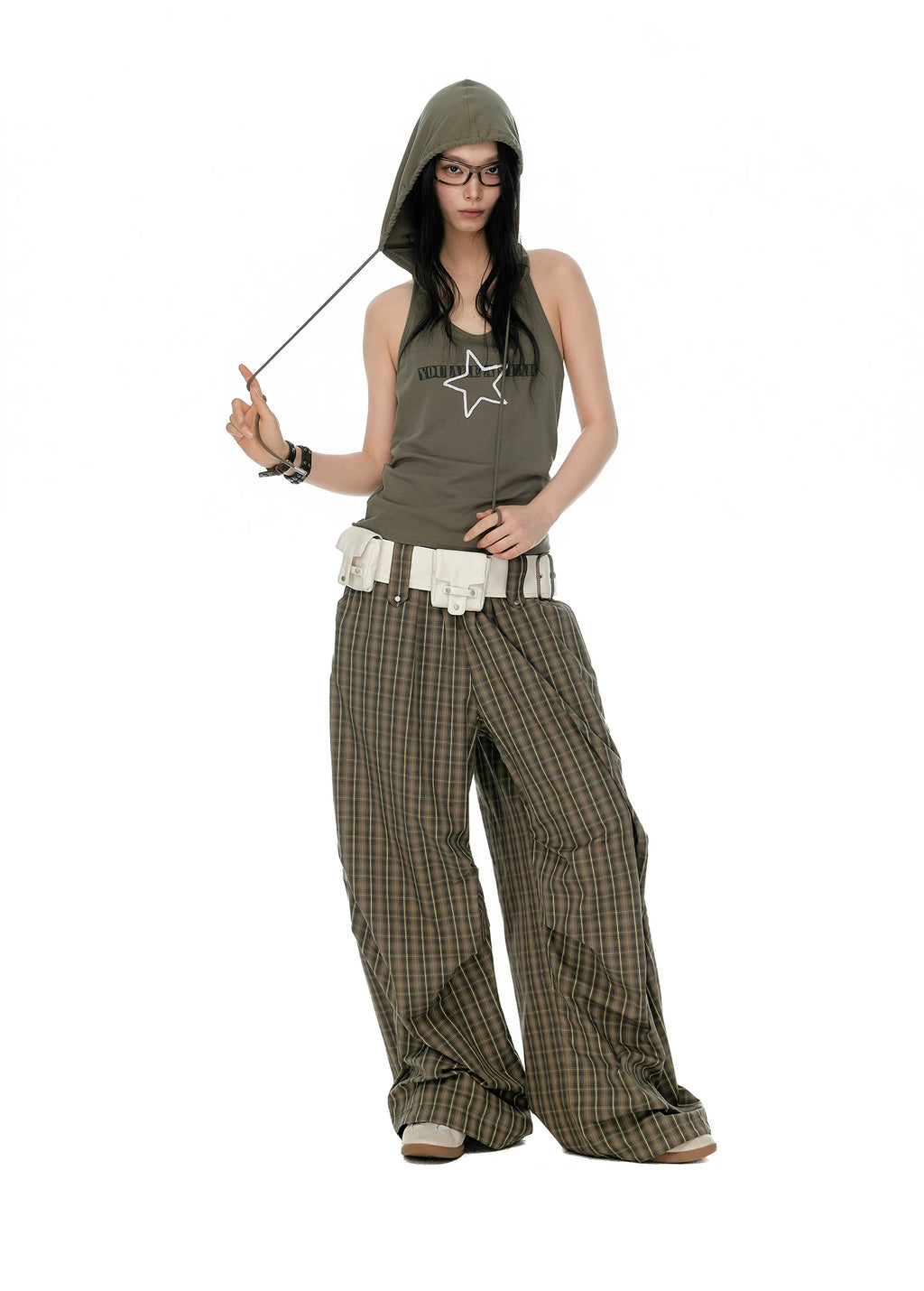JIKOO Plaid Elastic Waist Drawstring Pleated Trousers