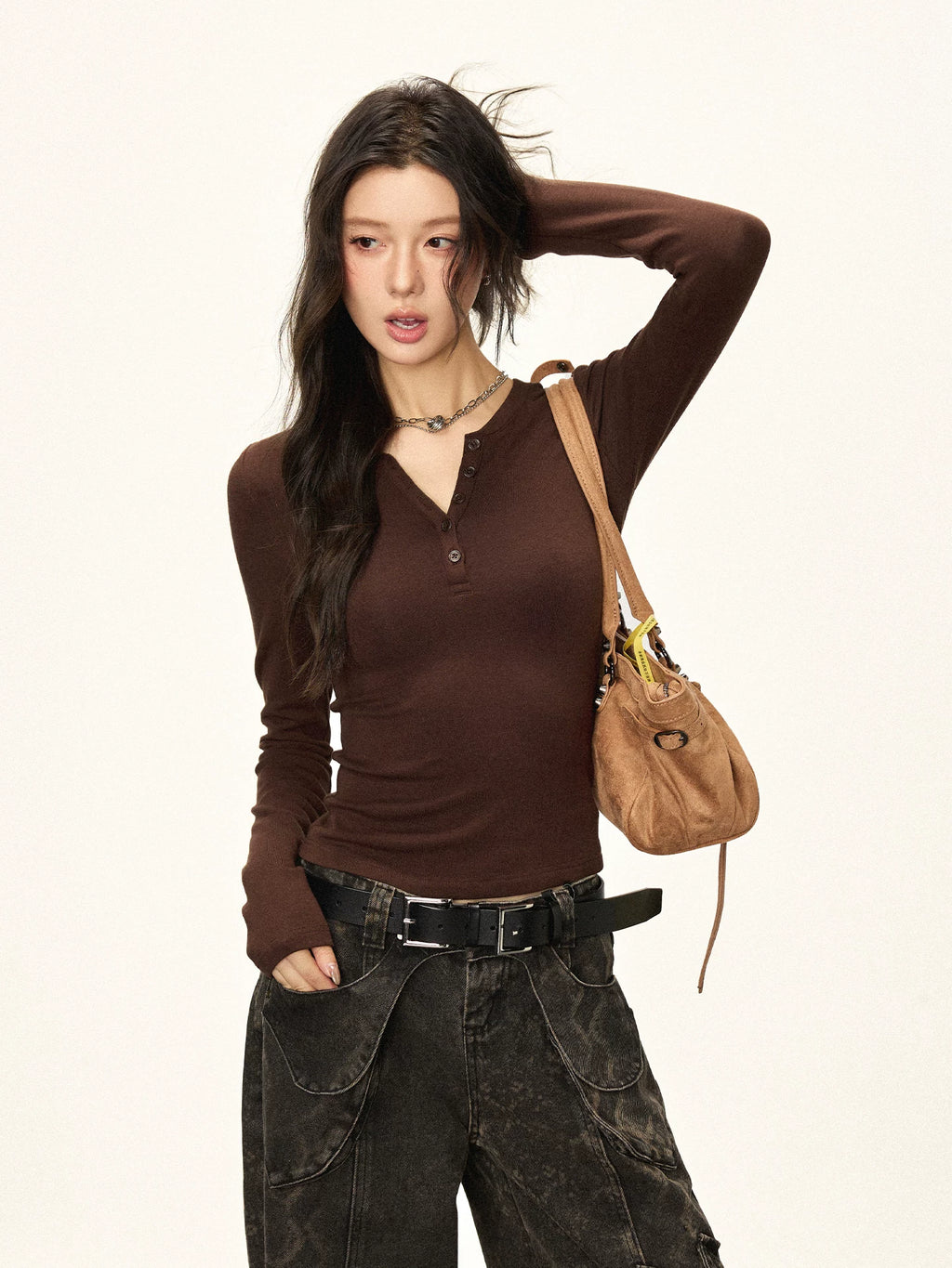 Cherry Melody V-neck Button Slim Slim Slim and Thin Fleece Bottom Long Sleeve