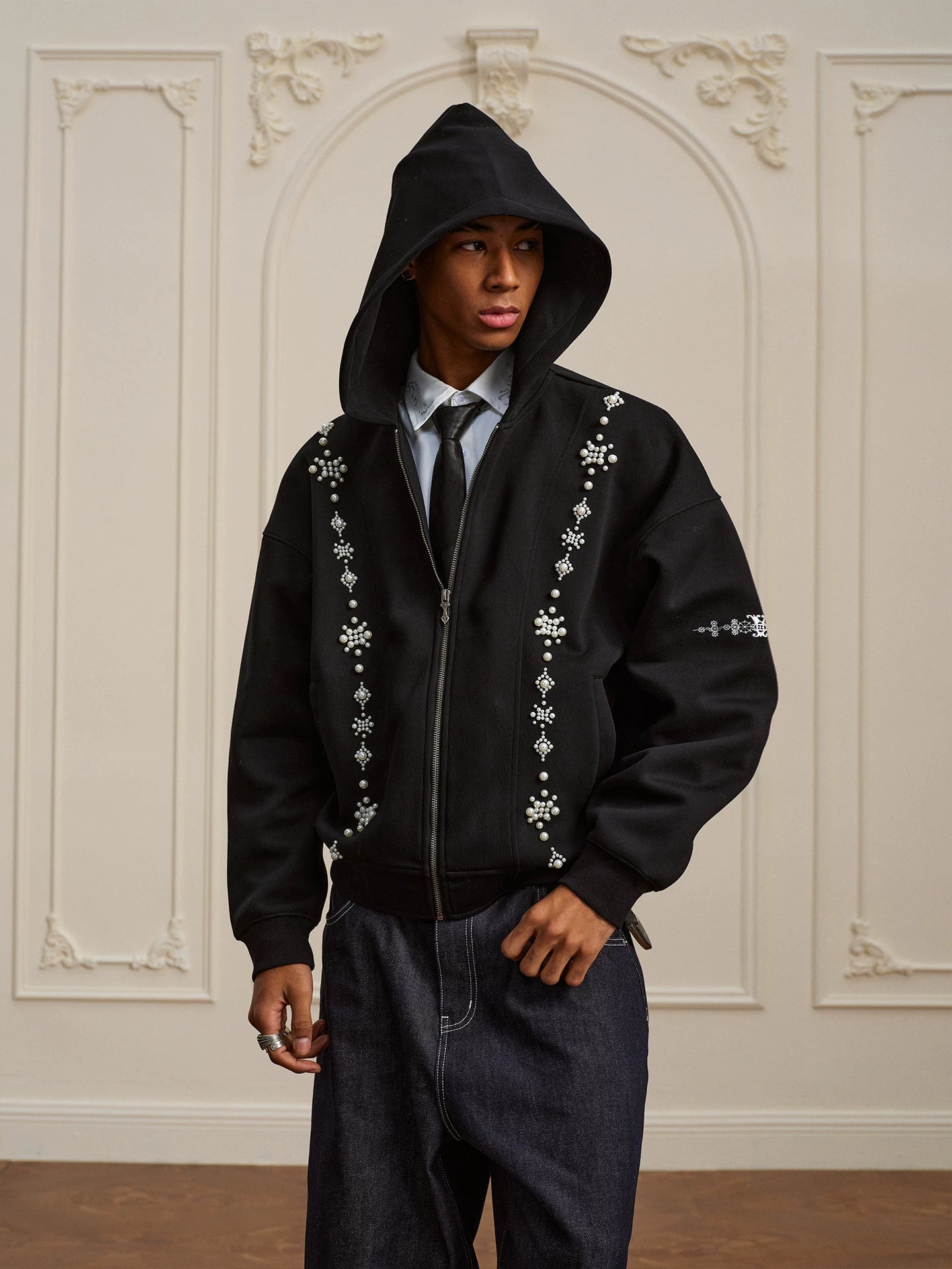 YADcrew Star Track String Pearl Cardigan Hooded Sweater