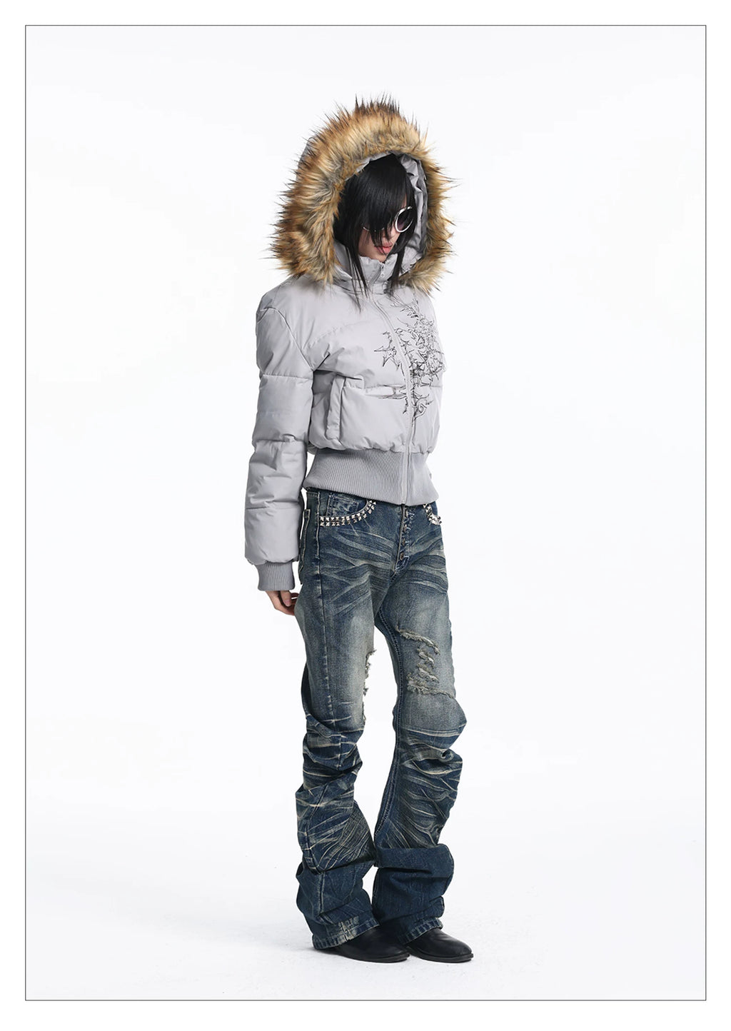 Lightinus Print Stand-up Collar Slim-fitting Cotton Jacket