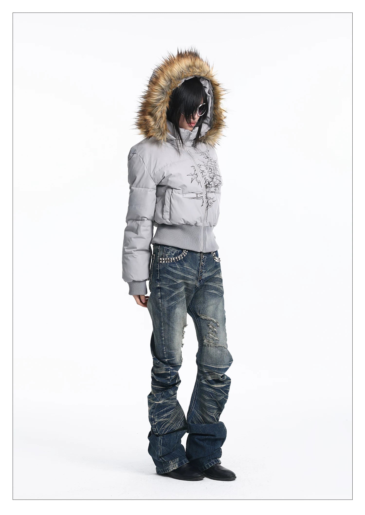 Lightinus Print Stand-up Collar Slim-fitting Cotton Jacket