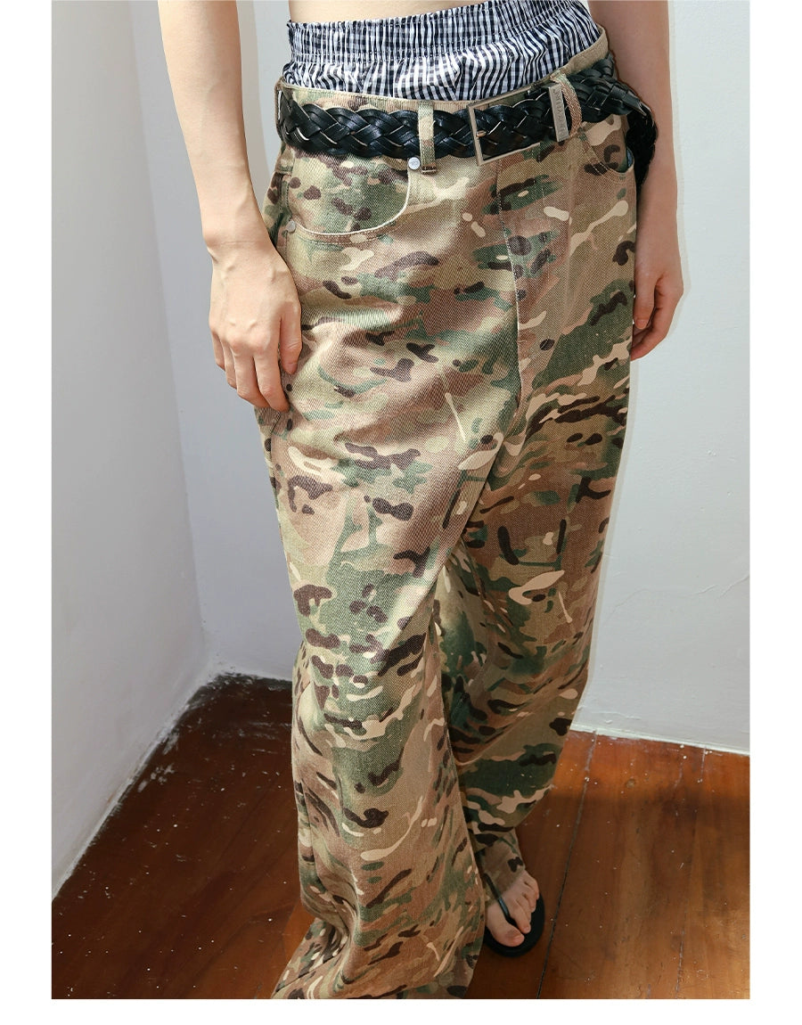 FUNKYFUN Twill Loose Wide-leg Tooling Camouflage Pants