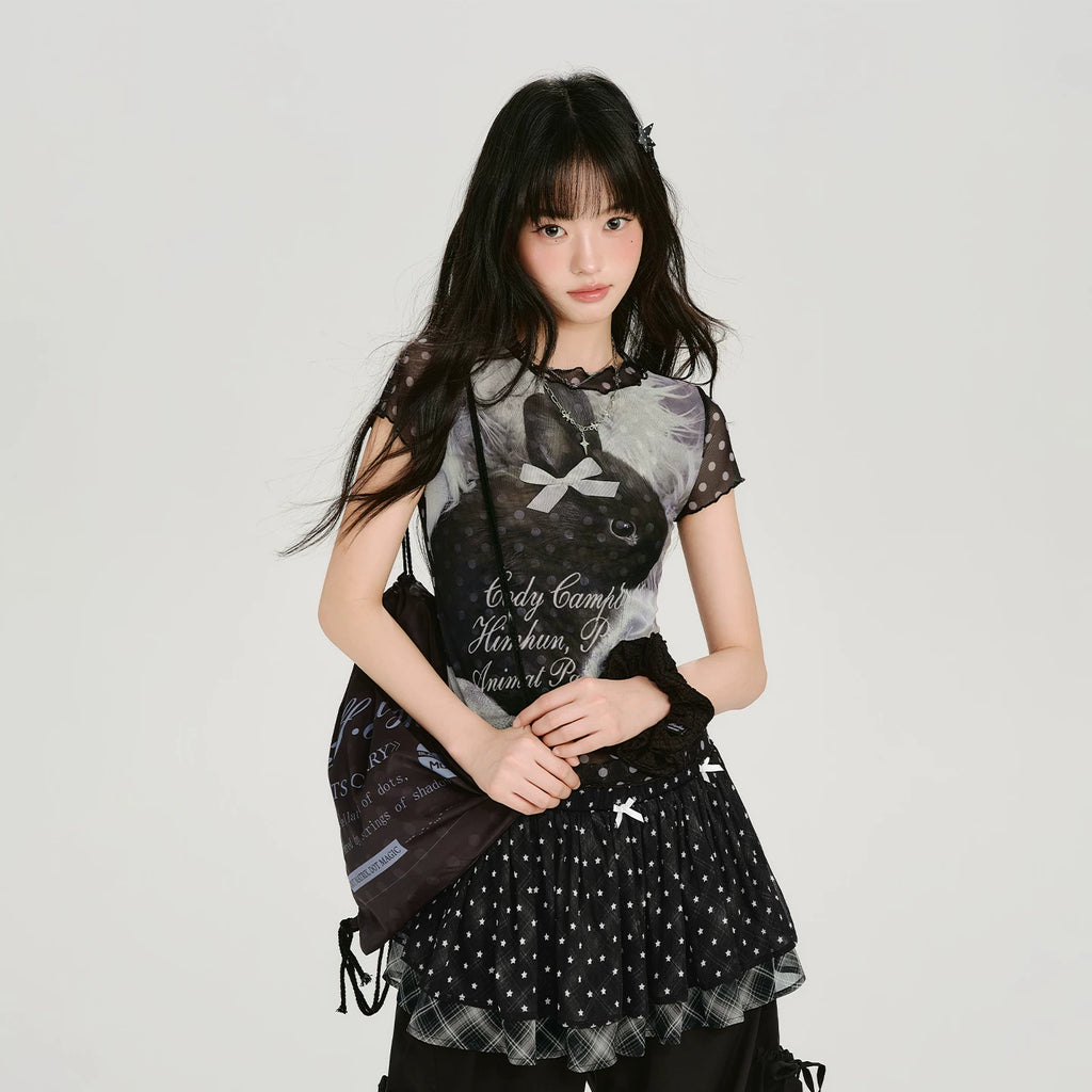 Girlyhalo Retro Mesh Polka Dot Slim Tee