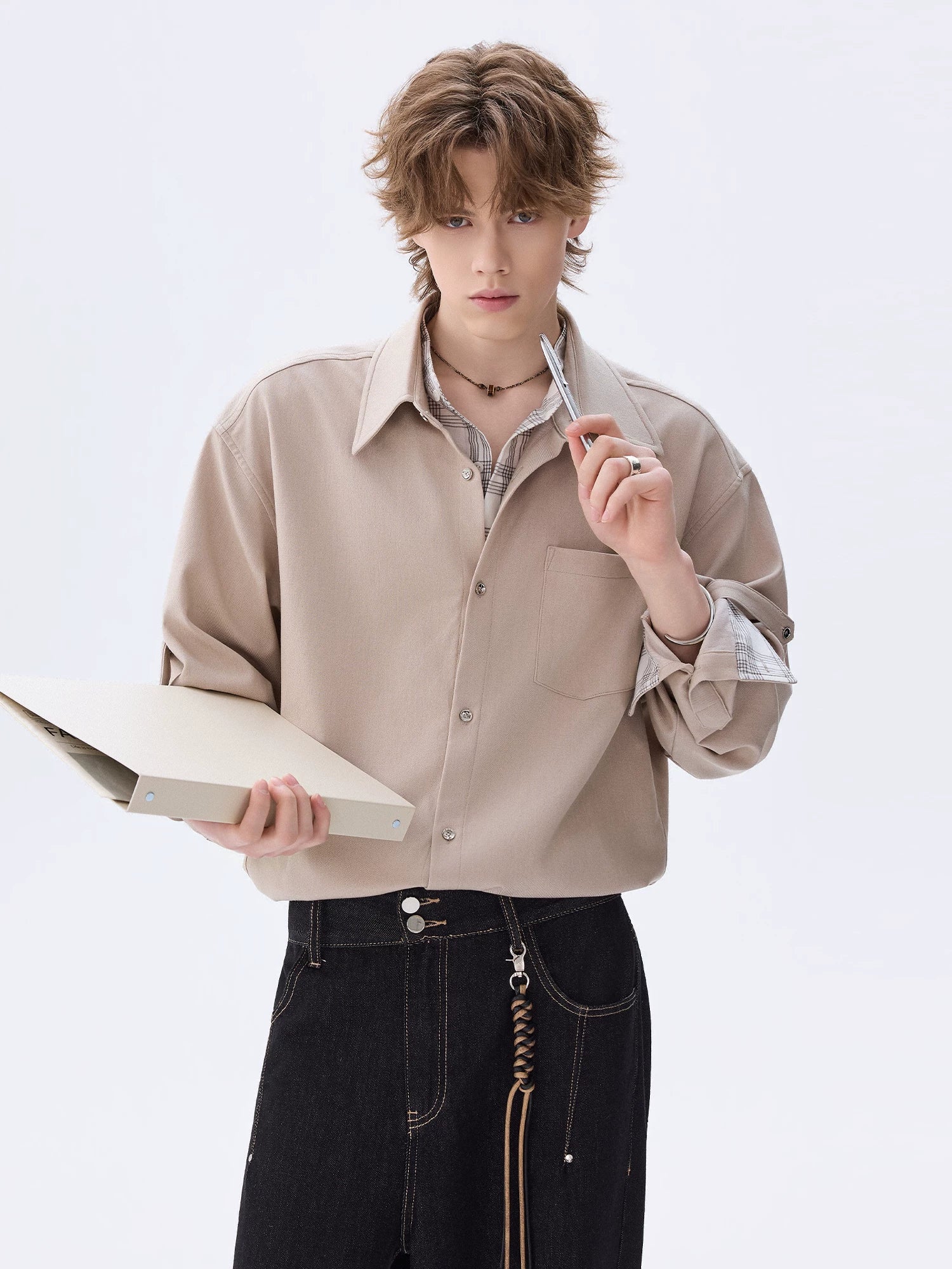 CHOR Ice Silk Denim Puzzled Plaid Double Collar Long Sleeve Shirt