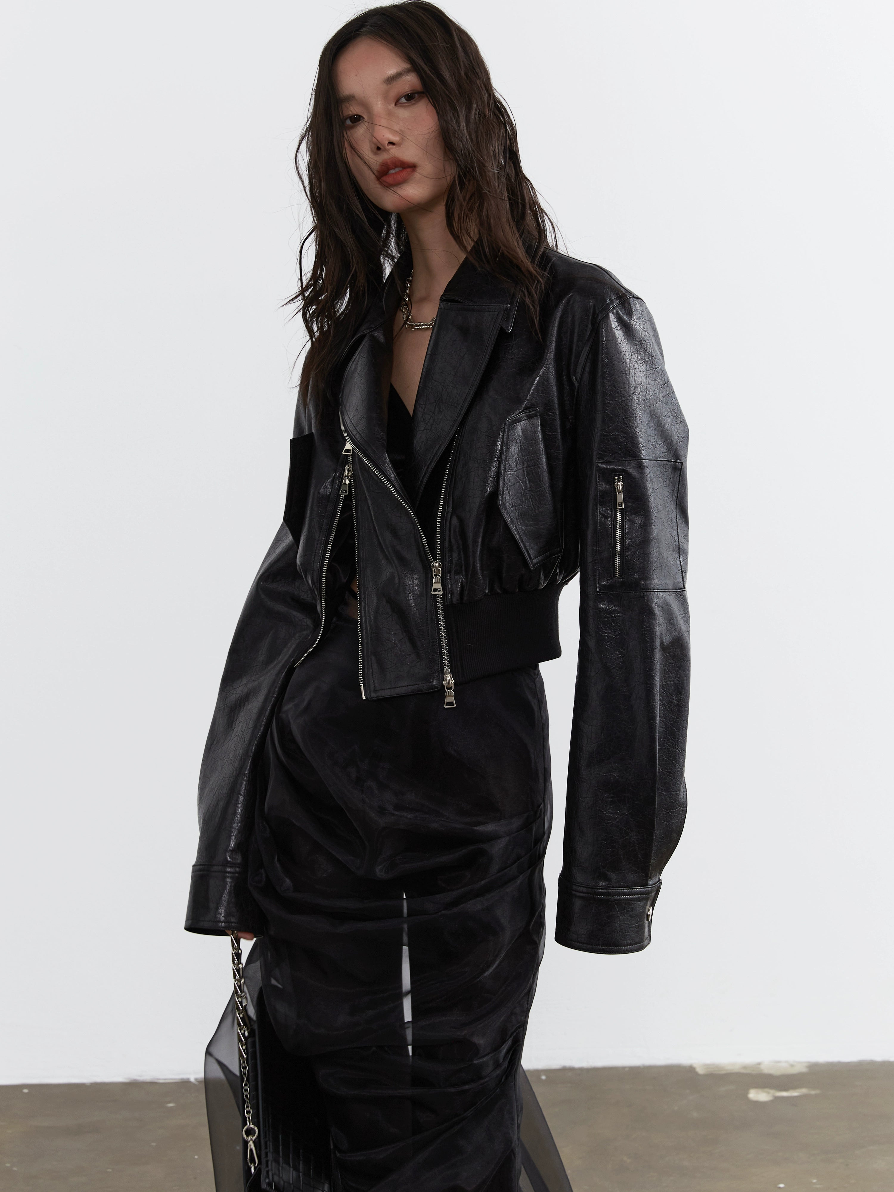 JNYLON Hollow PU Leather High-waisted Ultra-short Jacket
