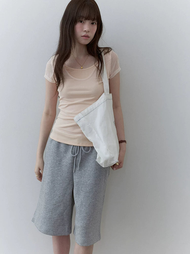 VOOE Fake Two-piece Splicing Mesh Slim Tee