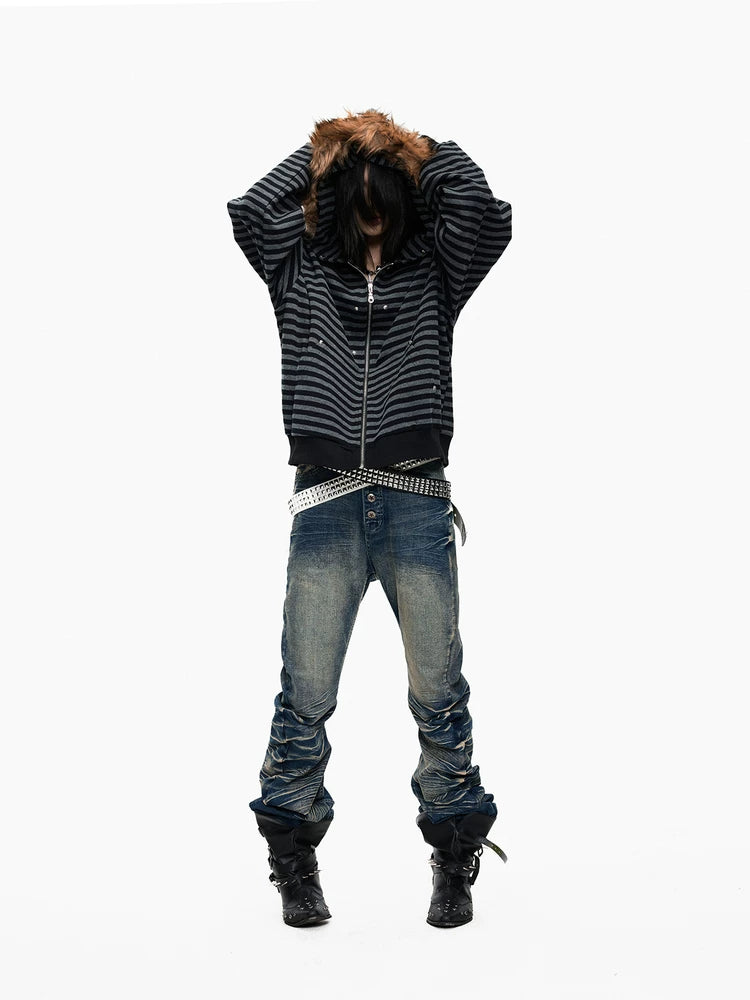 Lightinus Black and Grey Striped Fur Collar Hooded Zip Jacket