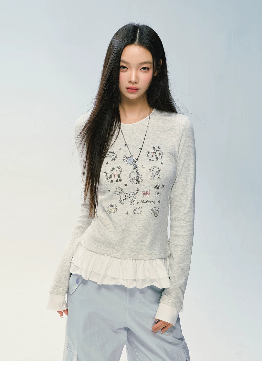 Ablueberry Animal Embroidered Lotus Leaf Hem Casual Long Sleeves