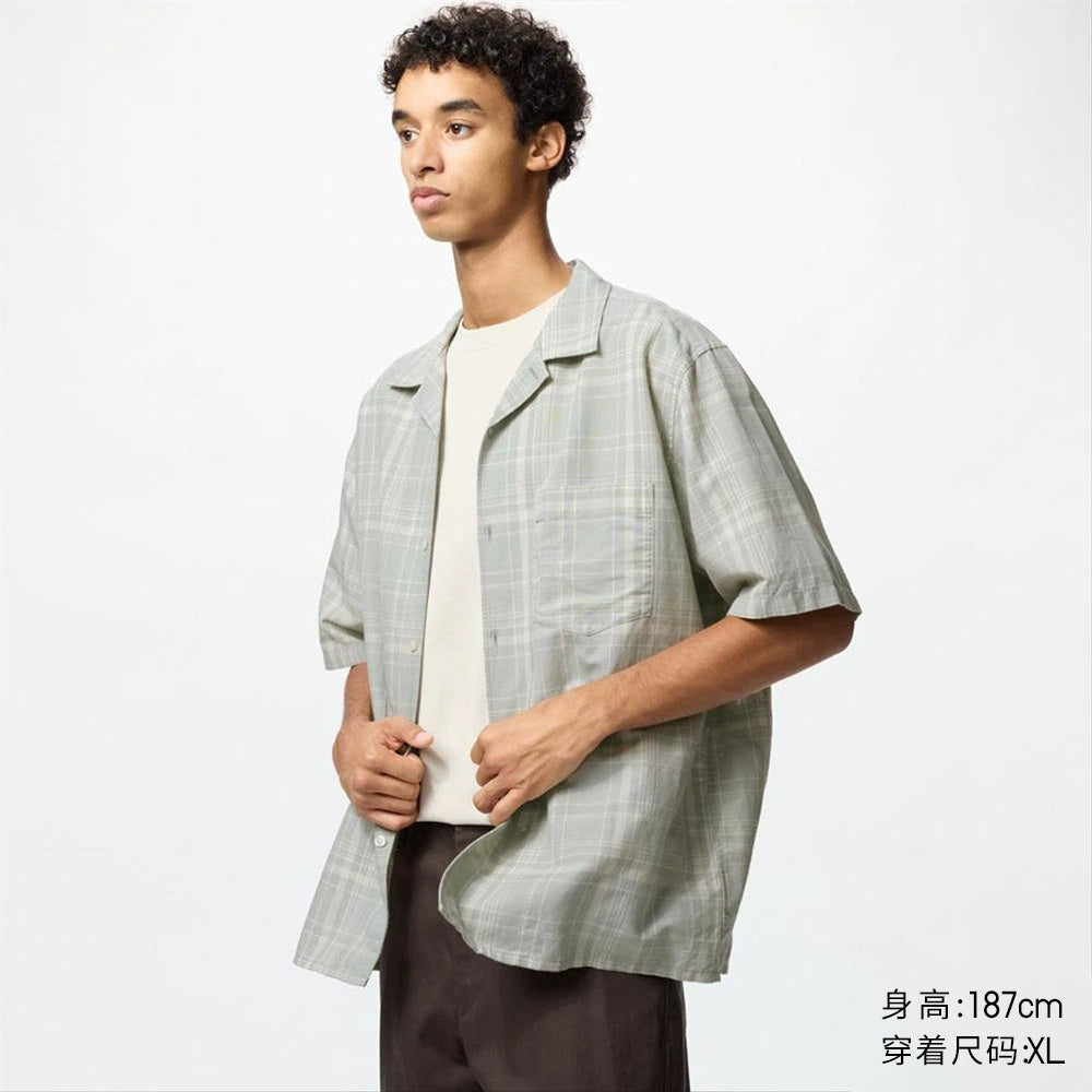 Uniqlo Men's Women's Cotton and Linen Plaid Shirt/Short Sleeve Shirt Cardigan Casual 25 Spring and Summer New 477903