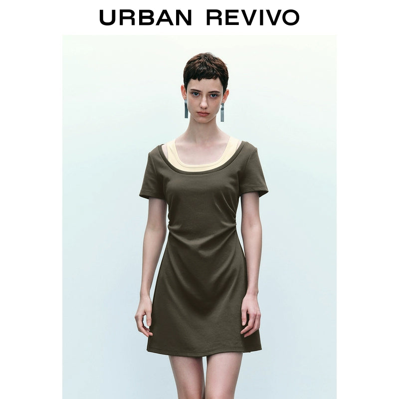 URBAN REVIVO Contrasting Splicing Fake Two-piece Pleated Short-sleeved Dress