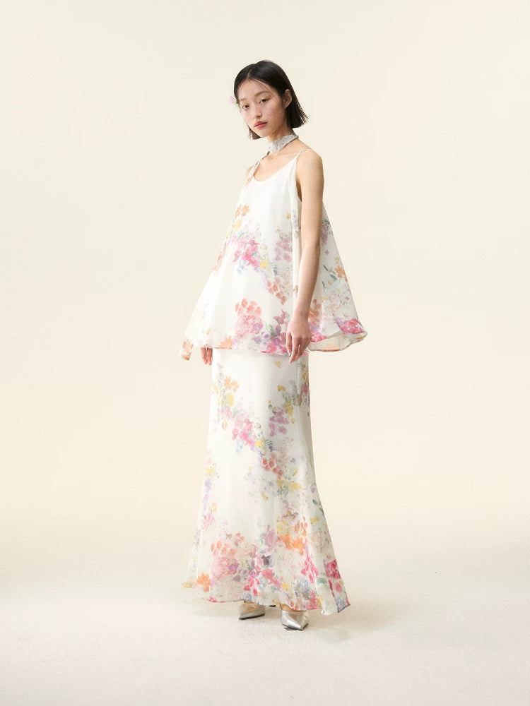 LOUMUTAKU Flower Waterprint Lazy Suspender Dress