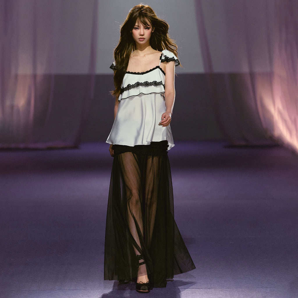 AGAM Three-dimensional Pleated Mesh Stitching Semi-transparent Long Skirt