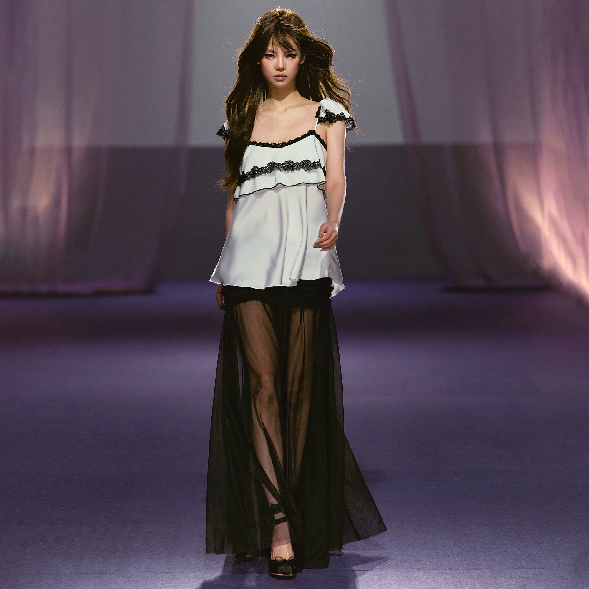 AGAM Three-dimensional Pleated Mesh Stitching Semi-transparent Long Skirt