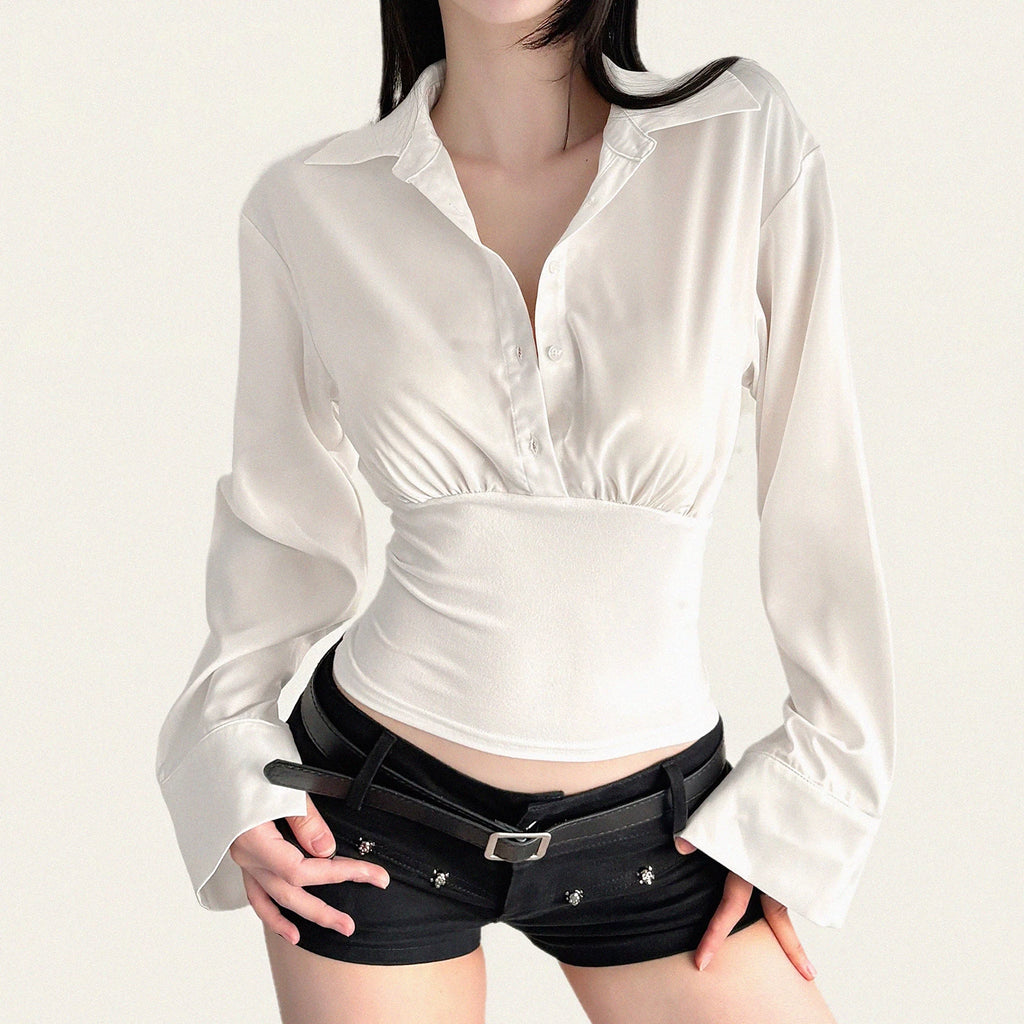 FUNOFF Retro Lapel Waist Slim Long-sleeved Shirt
