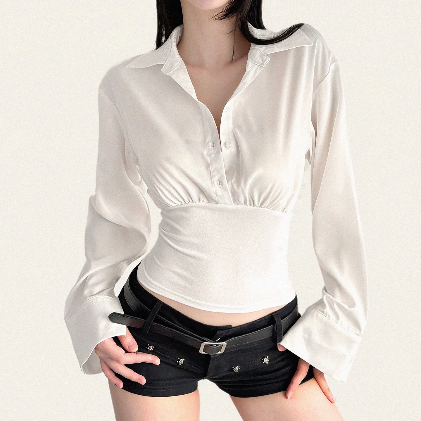 FUNOFF Retro Lapel Waist Slim Long-sleeved Shirt