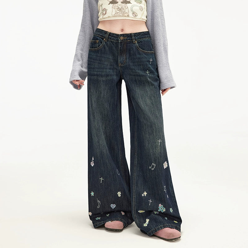 UNIFREE Straight Childlike Hot Diamond Printing Mopping Jeans