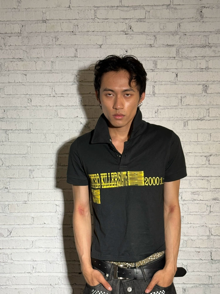 CHAI Slogan Printed Fur Collar Removable Slim-fit POLO Shirt