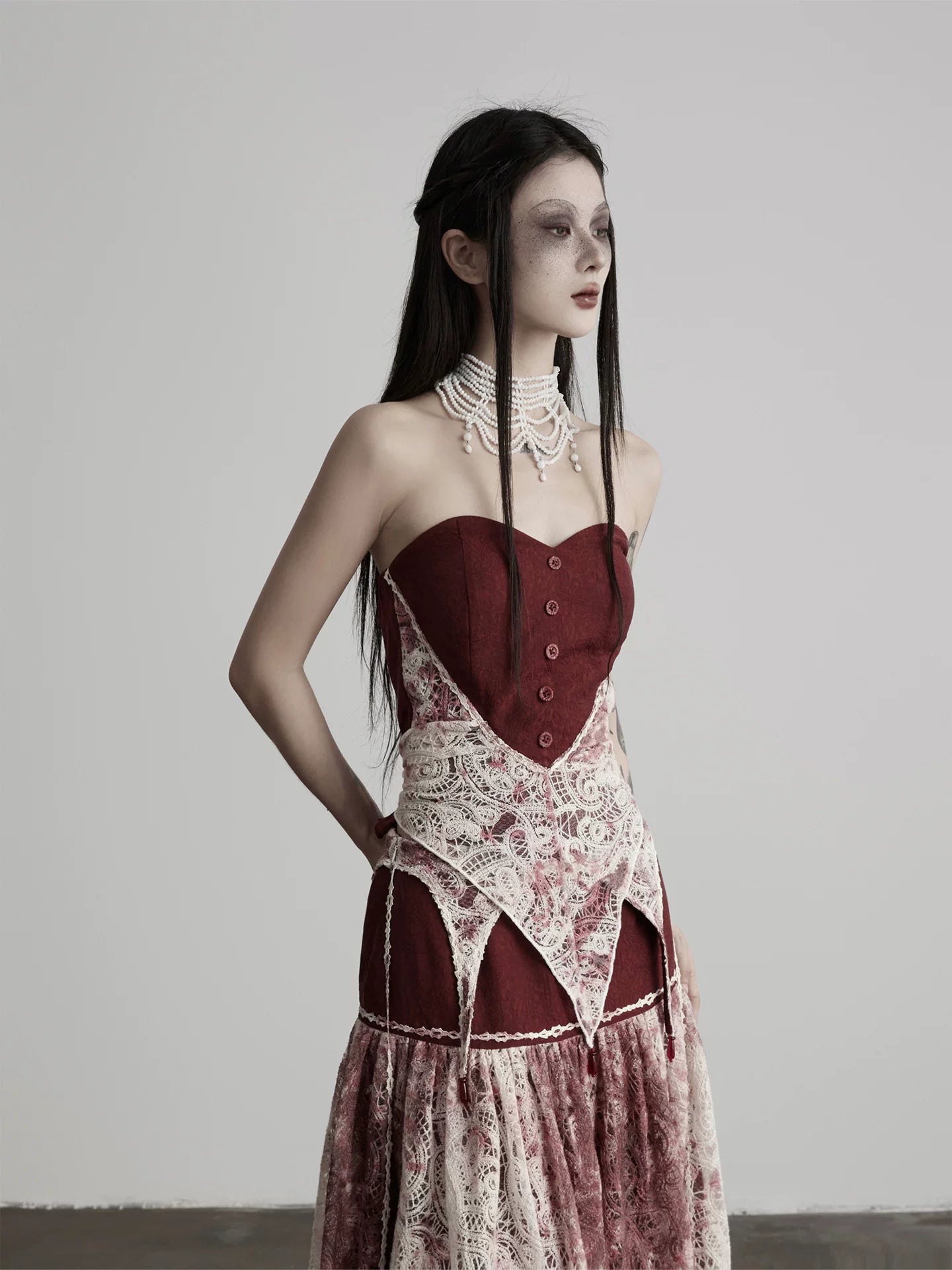 INDULGE Beaded Lace Stitching Irregular Hem Tube Top