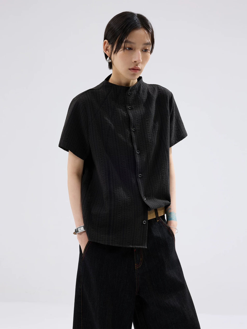 Sameuoo Small Stand-collar Striped Short-sleeve Shirt