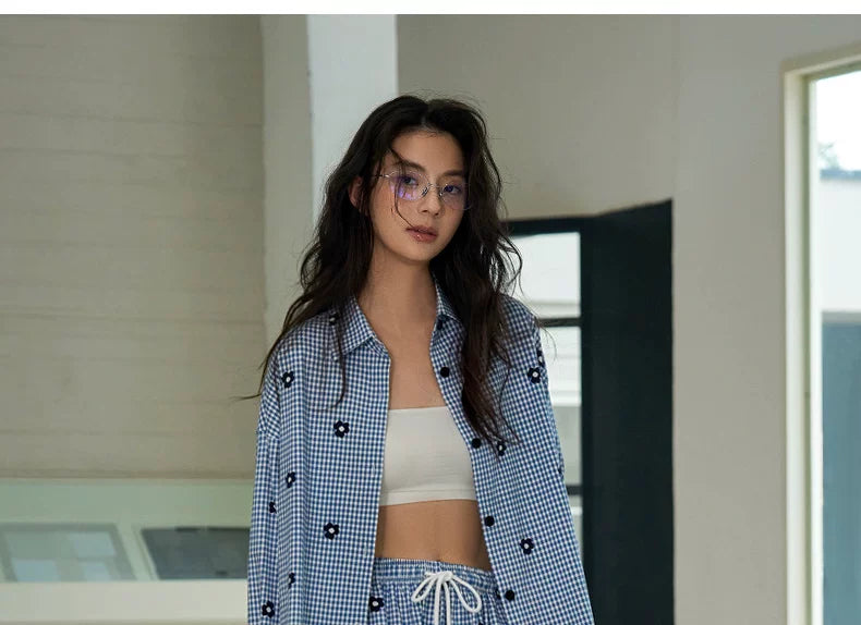 YUENEI Cotton Long Plaid Cardigan Set Pajamas