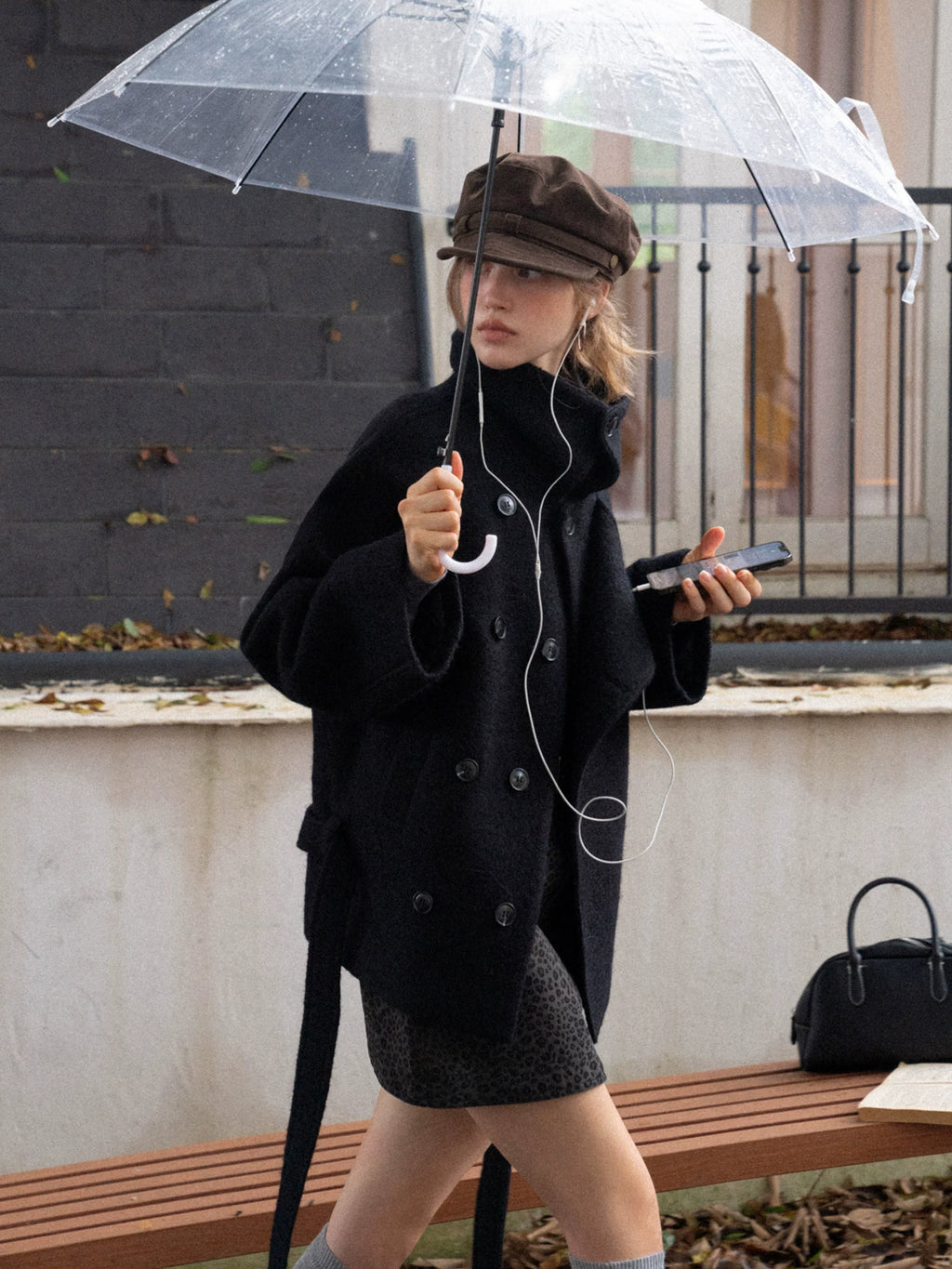 EGGKA Premium Sense Stand-Up Neck Lace-Up Waist Woolen Jacket