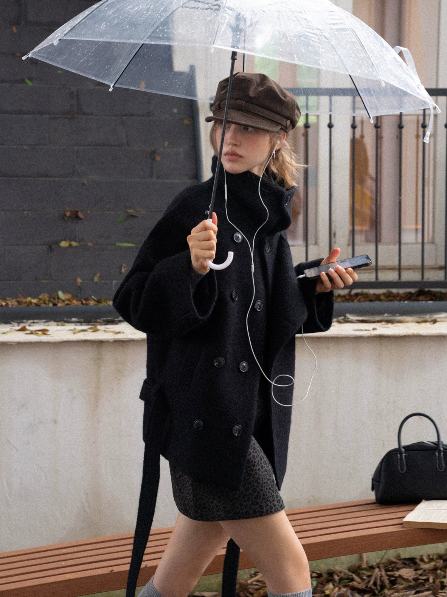 EGGKA Premium Sense Stand-Up Neck Lace-Up Waist Woolen Jacket