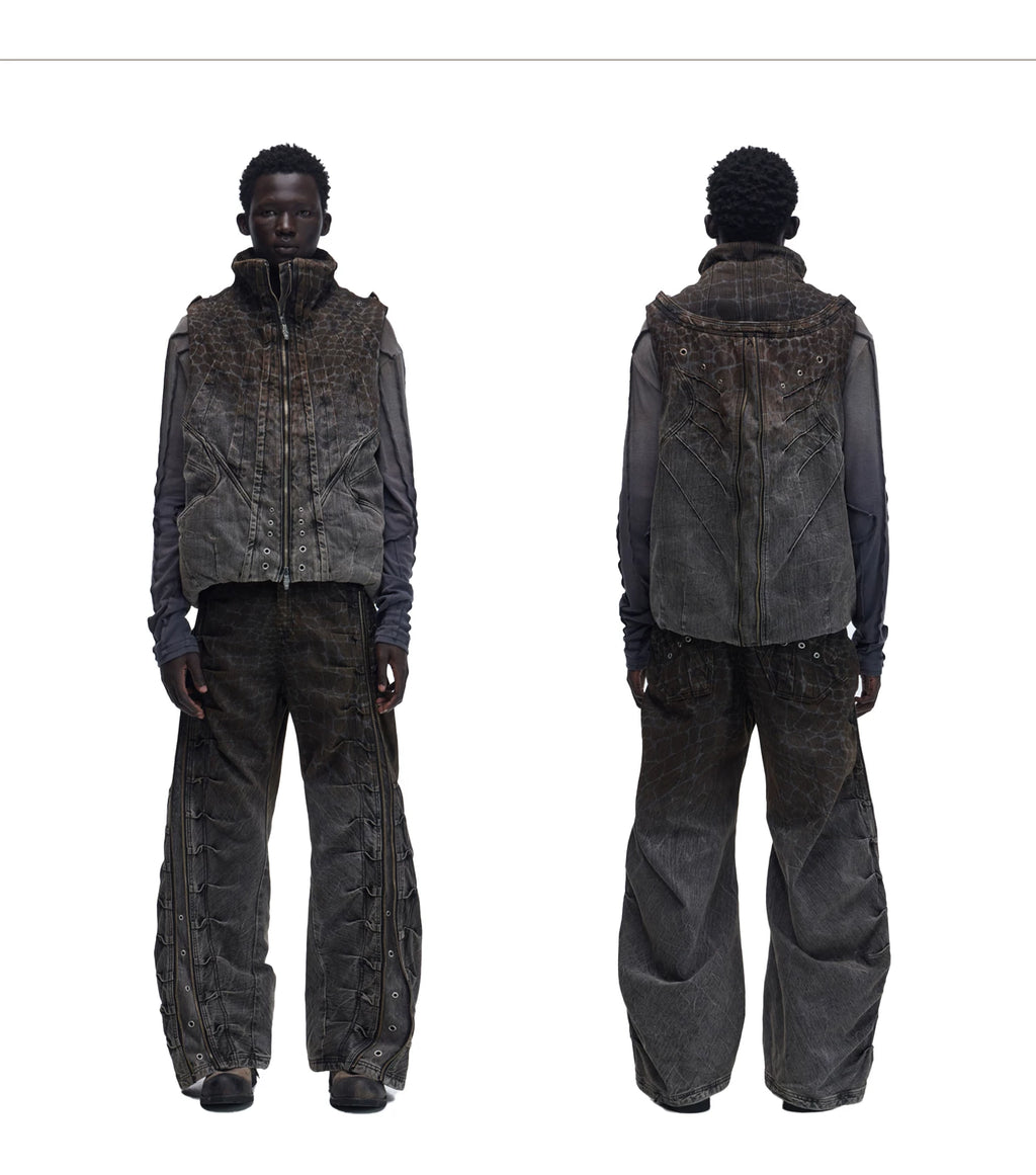 PERSONSOUL Crocodile Denim Vest Cotton Dress