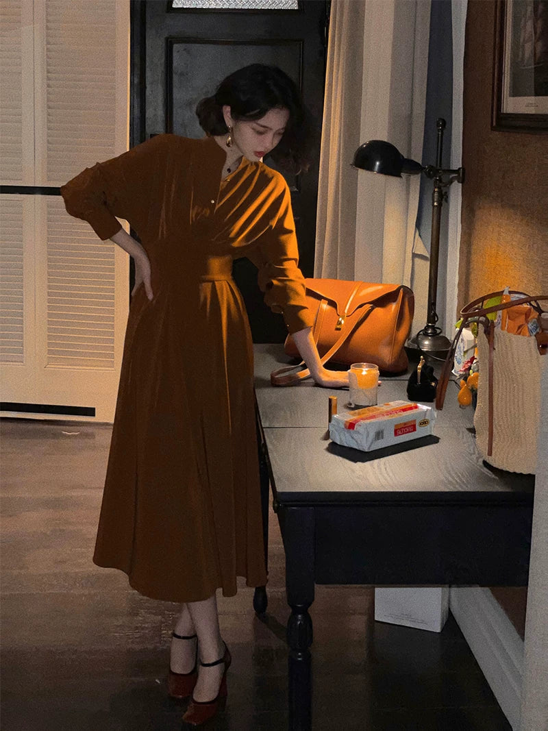 KELIFAN Retro Stand-up Neck Long-sleeved Dress