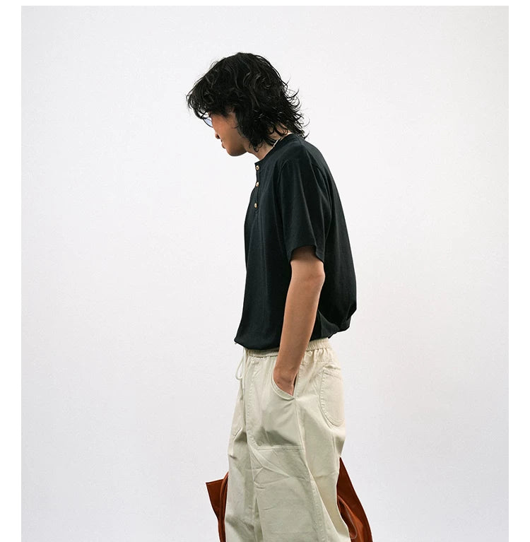 O3PARK Vintage Loose Henry Collar Knitted Tee