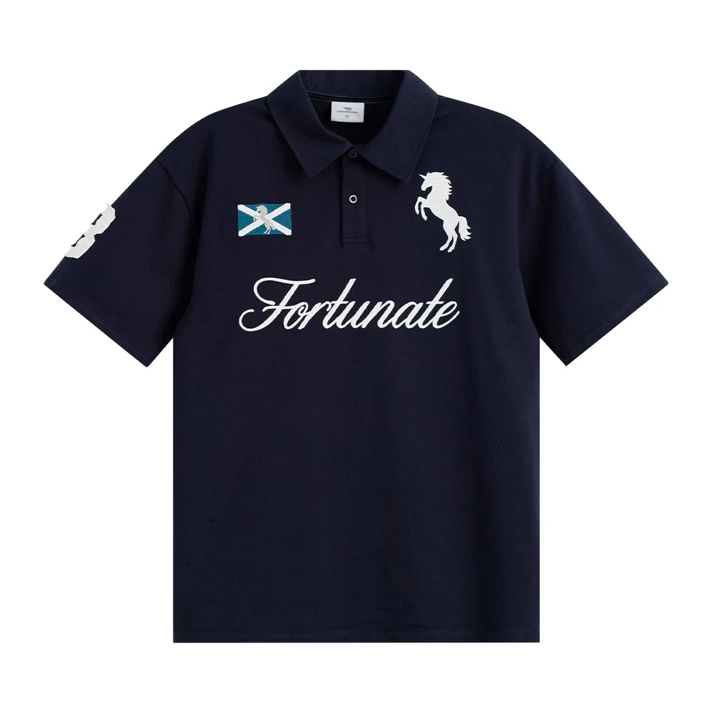 Loopsoon Lapel Front Chest Embroidery Horse Logo Letter Polo Tee