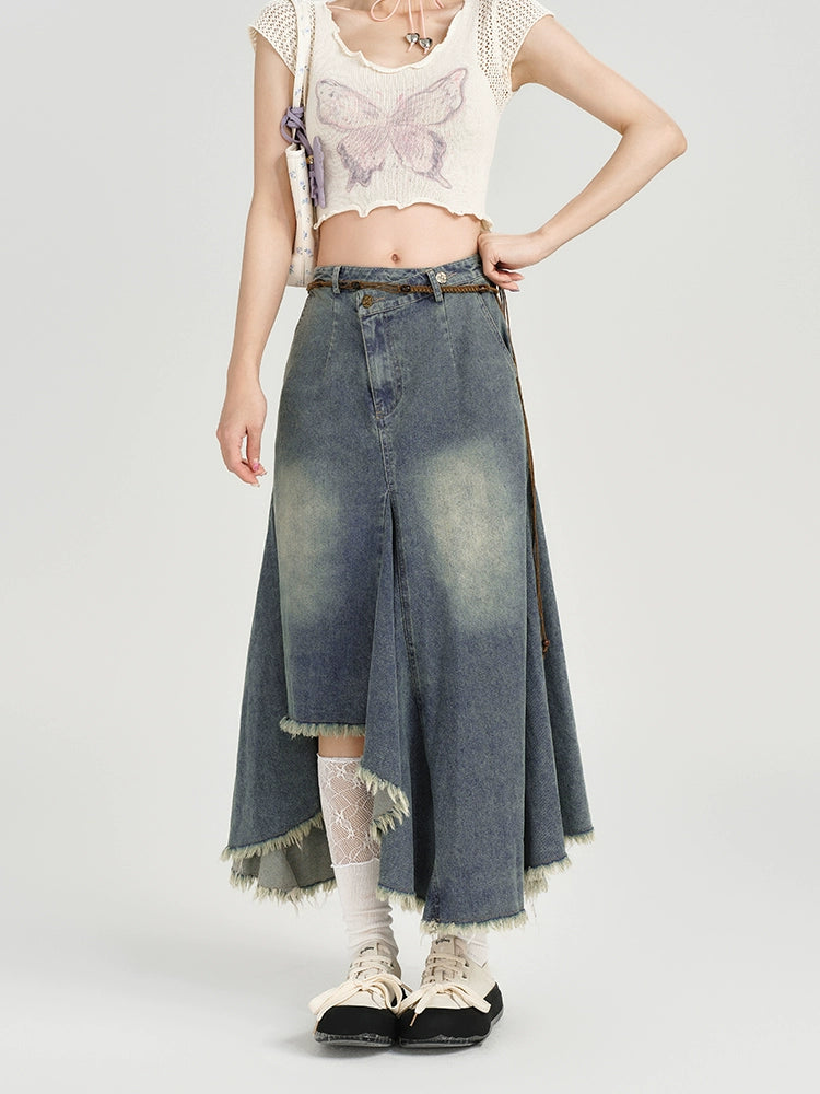 Girlyhalo Vintage High Waist Denim Skirt